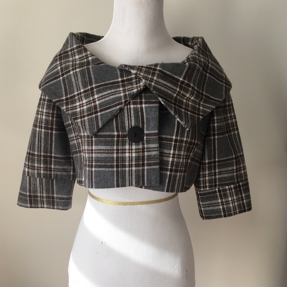 Anthro Lapis grey plaid crop jkt w 3/4 sleeves